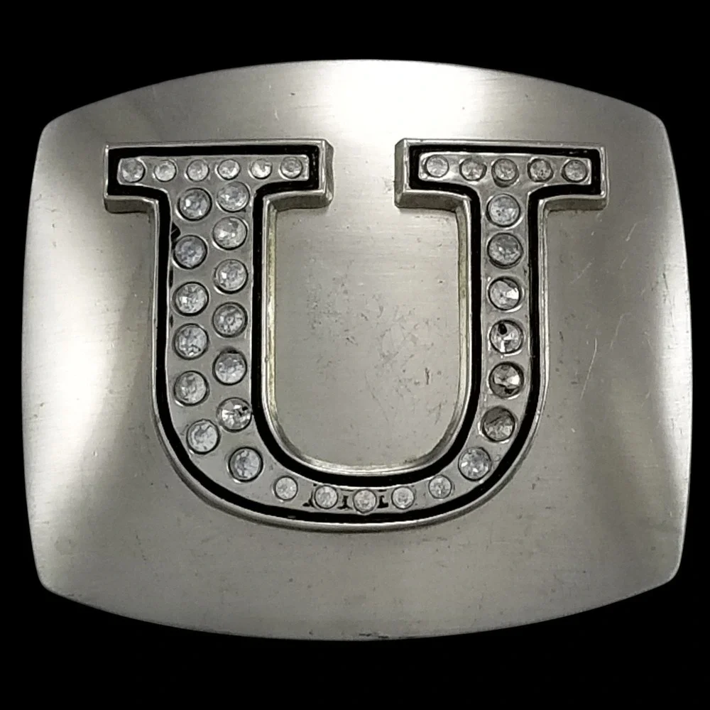 Rhinestone Initial U Belt Buckle Silver Tone Western Fashion Accessory